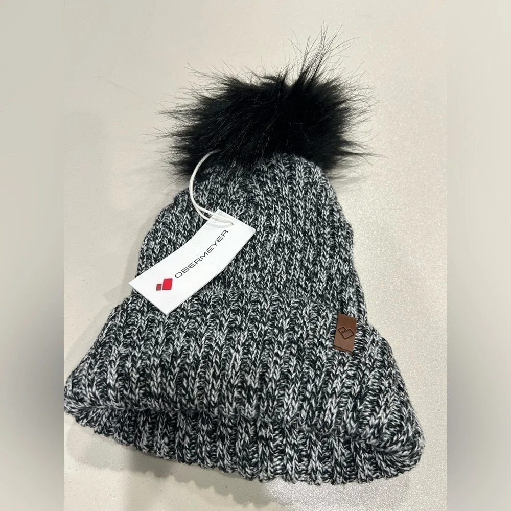 Obermeyer Women's Fir FF Beanie Black White Hat Pom Pom NWT